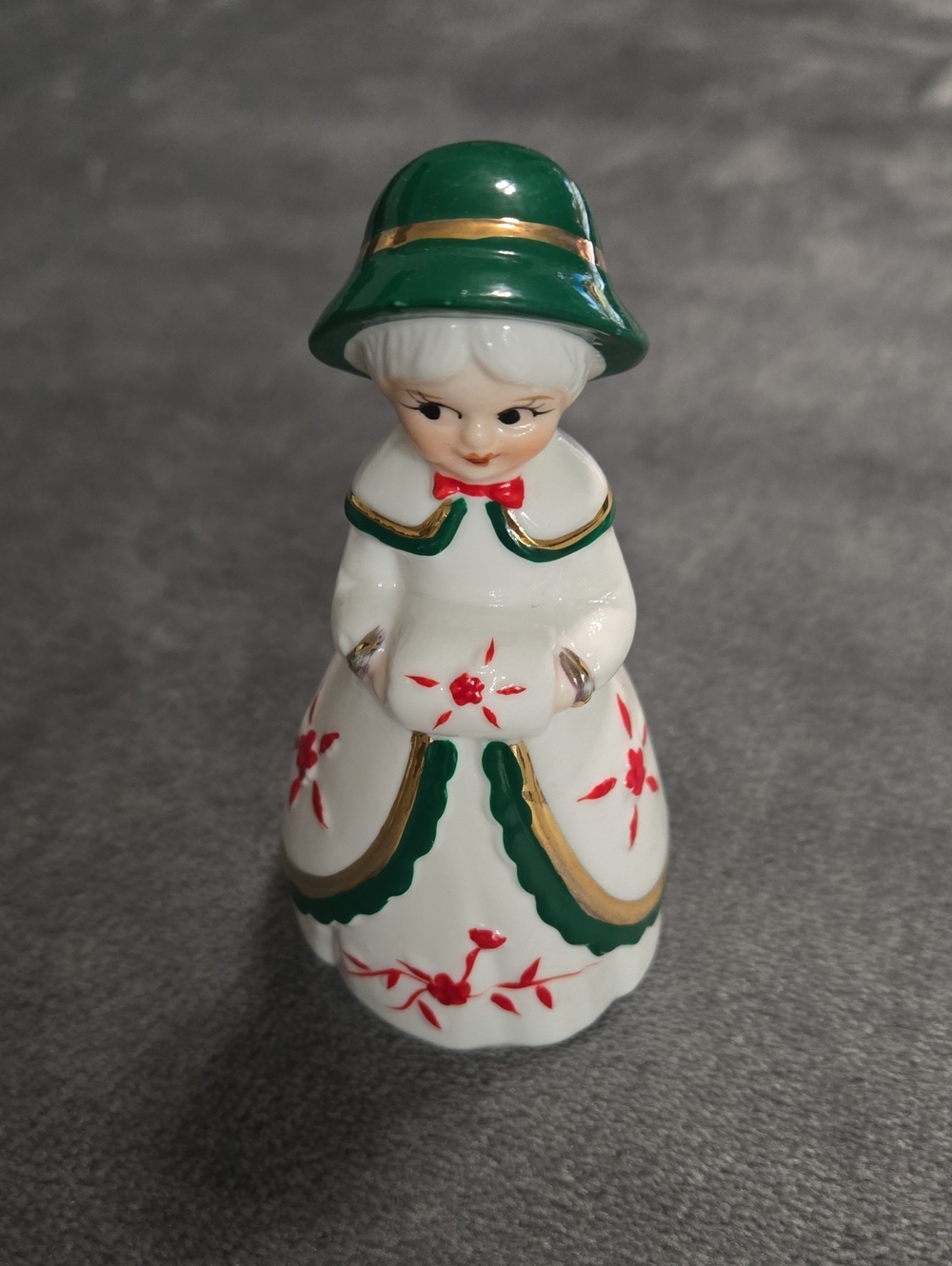 Vintage Christmas Winter Porcelain Lady Bell Green/White/Red